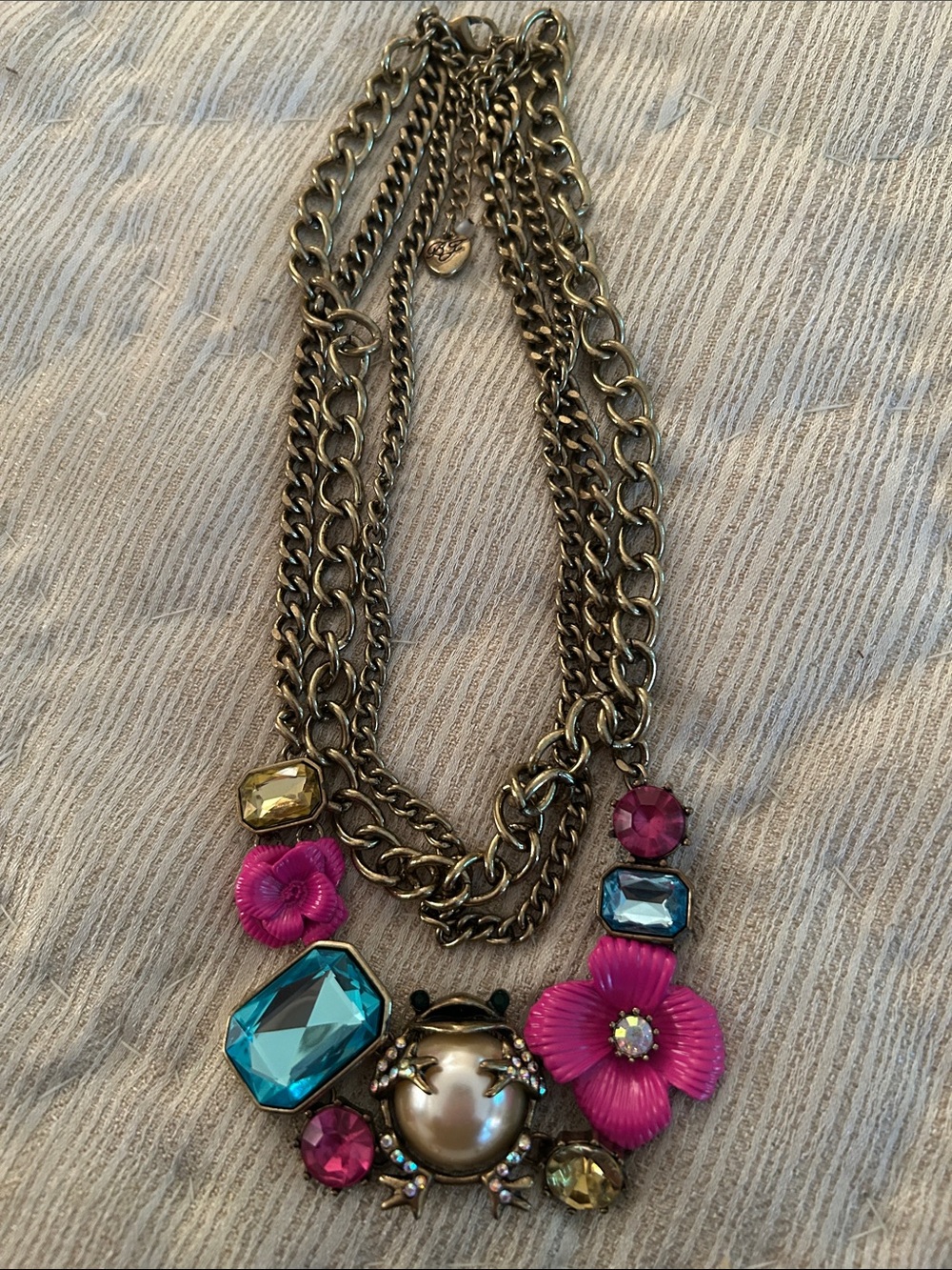 Betsey Johnson Pink Floral and Blue Crystal Statement Necklace